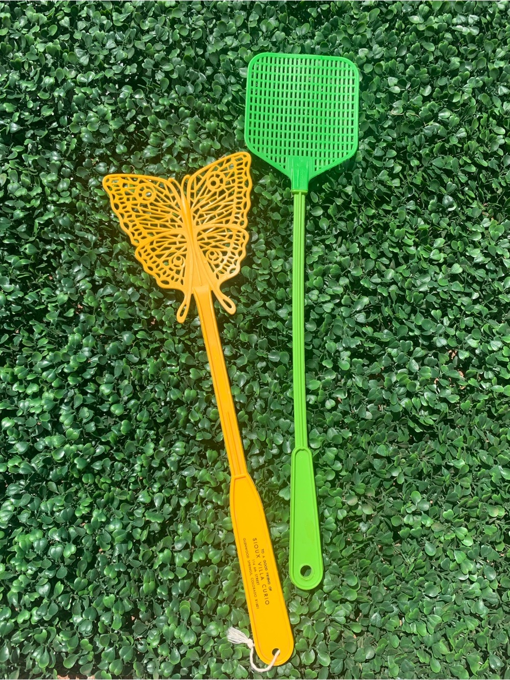 Vintage 70s Lustro Ware bright green yellow butterfly plastic fly swatter bundle